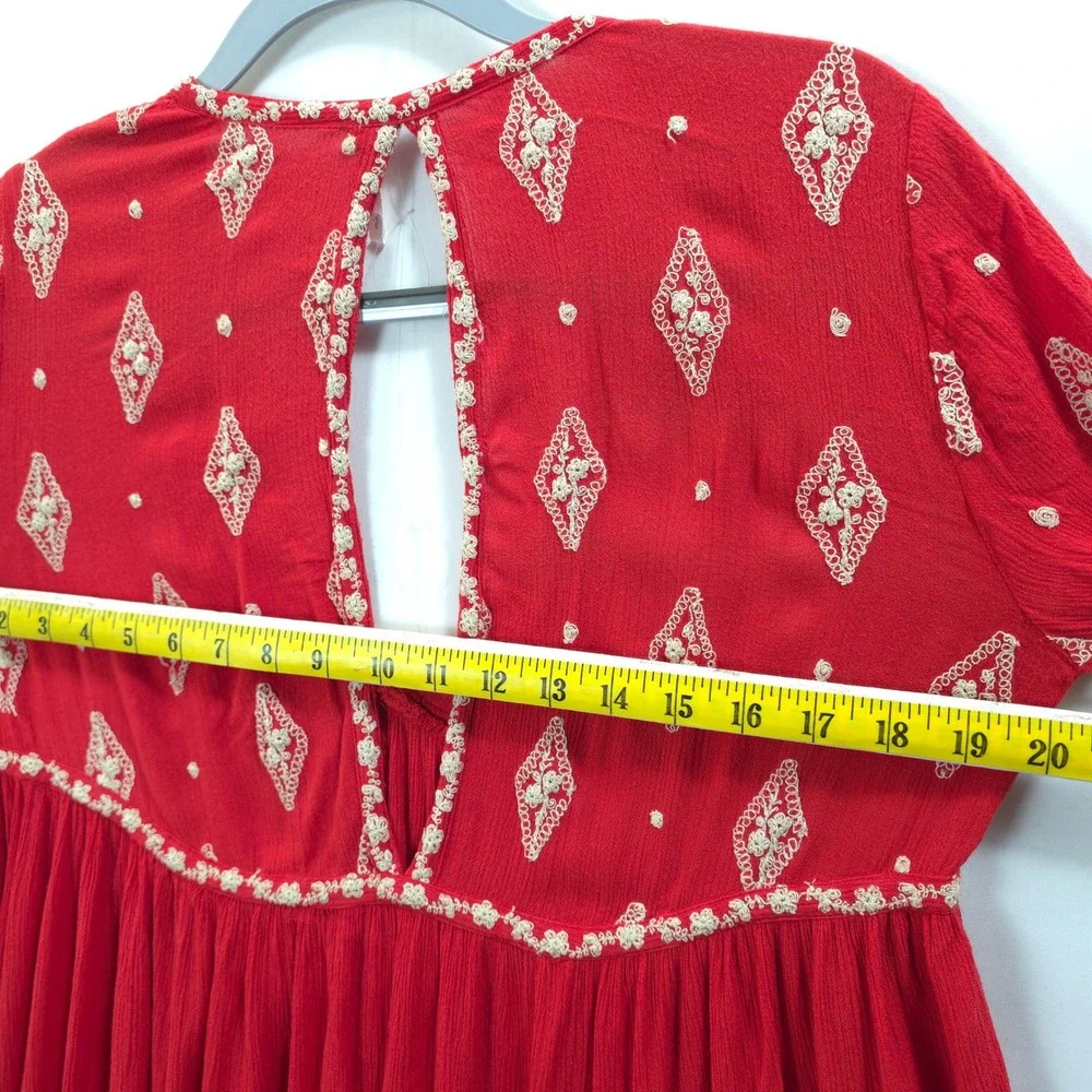 Free People Red Embroidered Boho Tunic Dress Mini Bell Sleeve S Babydoll Chic